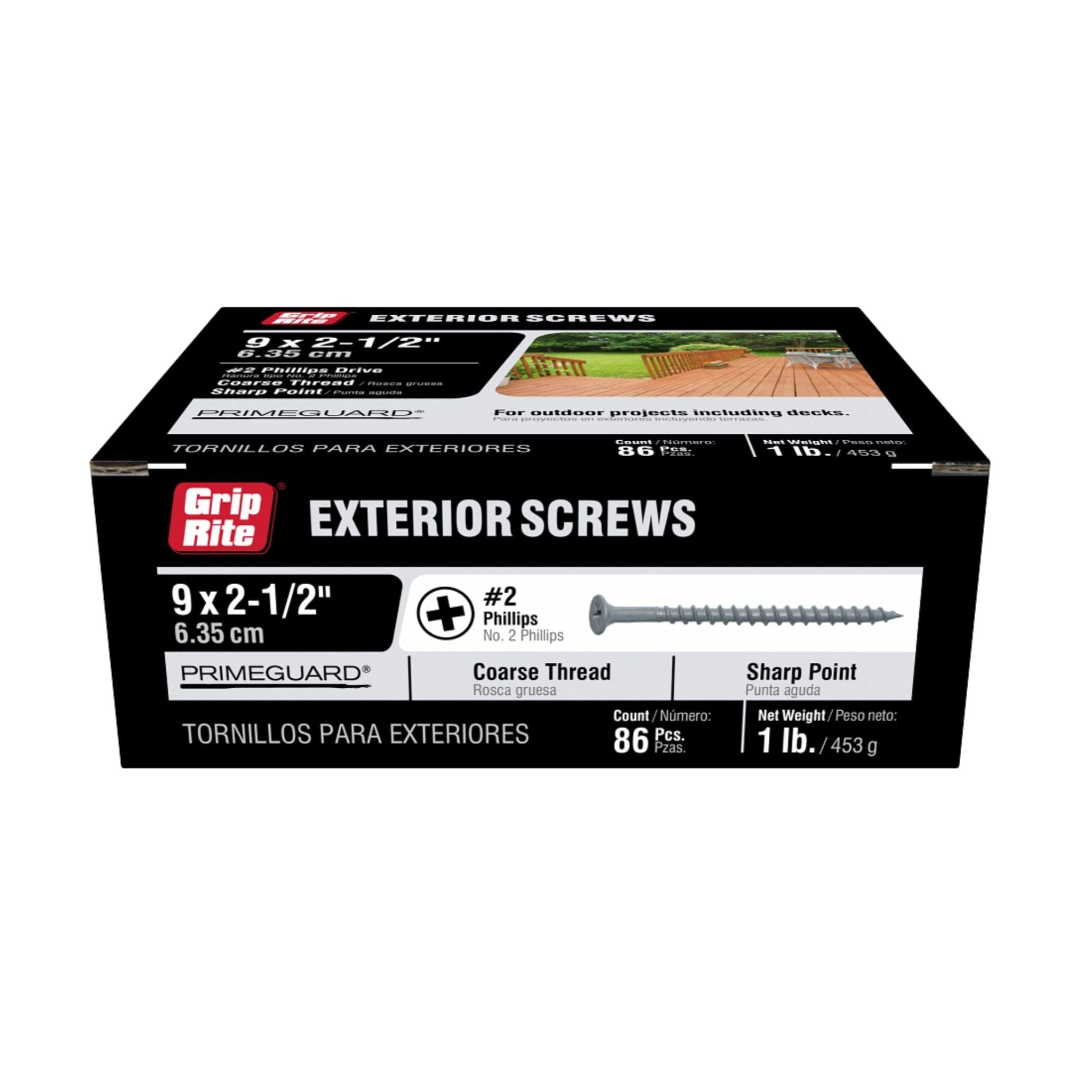The GRIP-RITE PTN212S1 screws are perfect for outdoor projects, featuring a #9 x 2-1/2 in. size and PrimeGuard coating for weather resistance. This box contains 86 #2 Phillips Bugle Head Coarse Thread screws from Grip-Rite.
